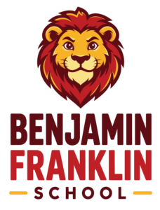 Benjamin Franklin School logo featuring a red, maroon and gold lion mascot.